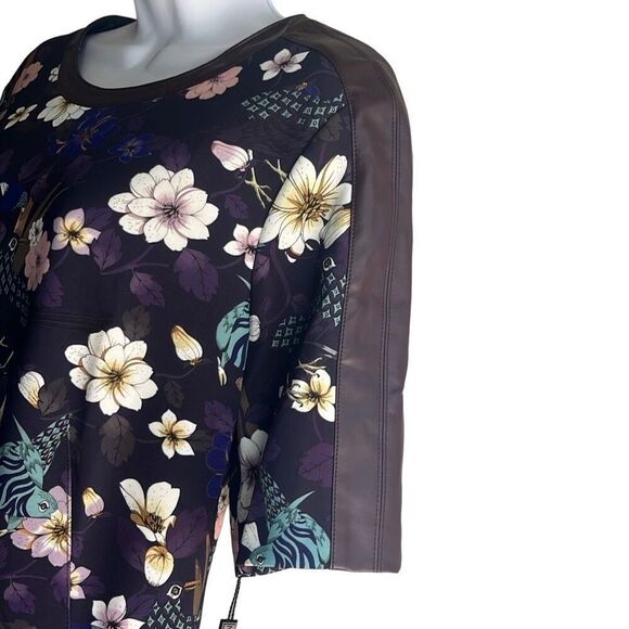 Marc Cain Purple Floral Bird Faux Leather Trim Dress Pockets US 12 N5 NWT $440 - Picture 4 of 12